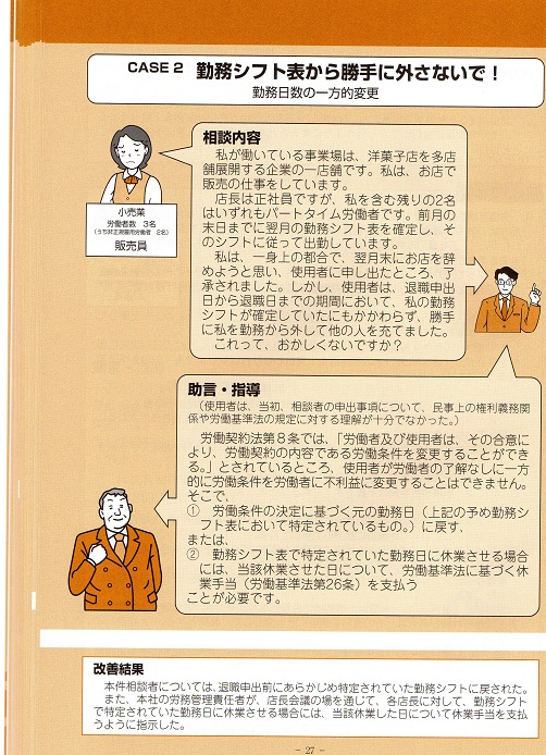 勤務日数の一方的変更 労働者 常用 日雇 パート アルバイト 派遣等 に関する相談事例集はｔｋｇｂ社会保険労務士事務所が運営しています